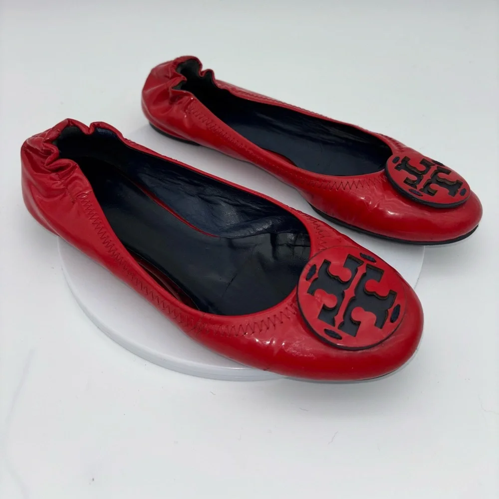 TORY BURCH Red Reva Ballet Flat Patent Leather Shoe Logo Slip On Office‎ Round 7